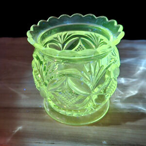 UV Reactive Pressed Glass Toothpick Holder 3.25" Vintage Patterned Clear
